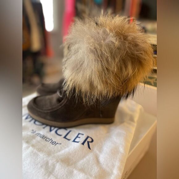Moncler Charlotte Suede Wedge Boots with Fur Trim (Size 37) NWT Box and dustbag. - Picture 2 of 8